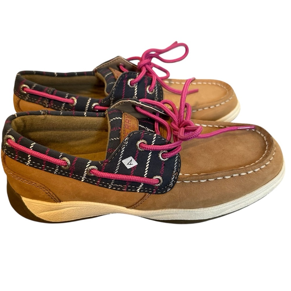 Sperry Top Sider Girls Boat Shoe Tan, Navy with Pink Laces Girls Size 2.5 💙🩷